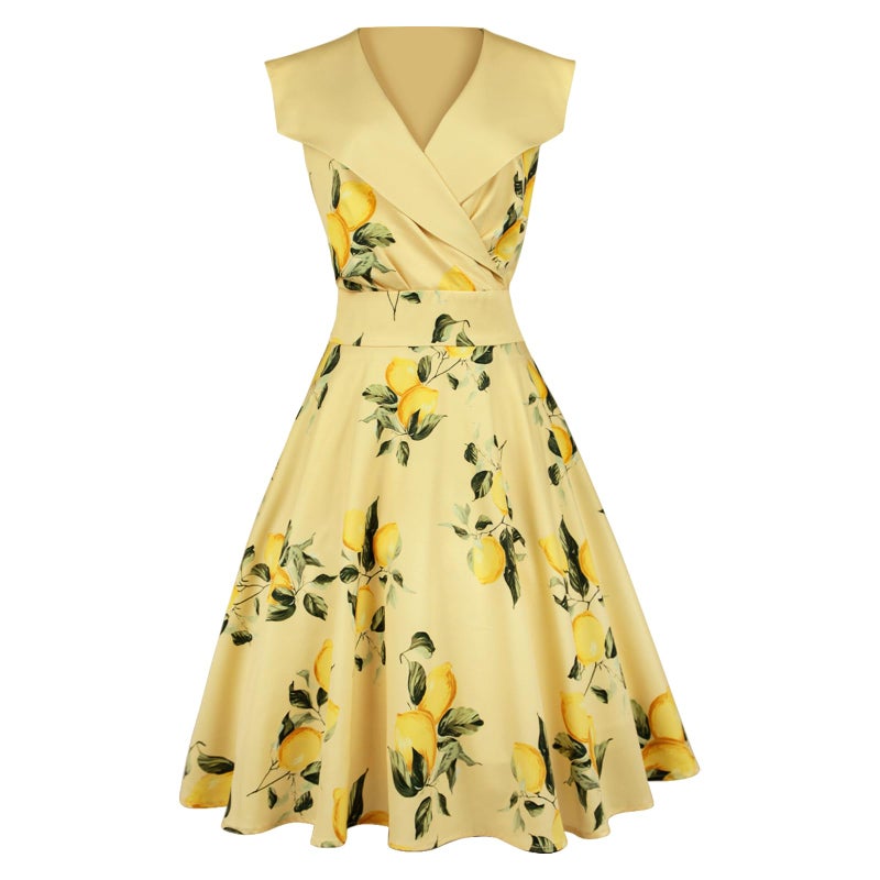 HIGAKI Women's 1950s Dress Tea Party V-Neck Sleeveless Dress(DR0065YE,L) - Image 3