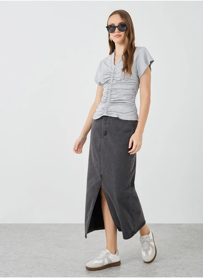 تايك تو Take Two Solid V-Neck Ruched Detail Short Sleeve T-Shirt