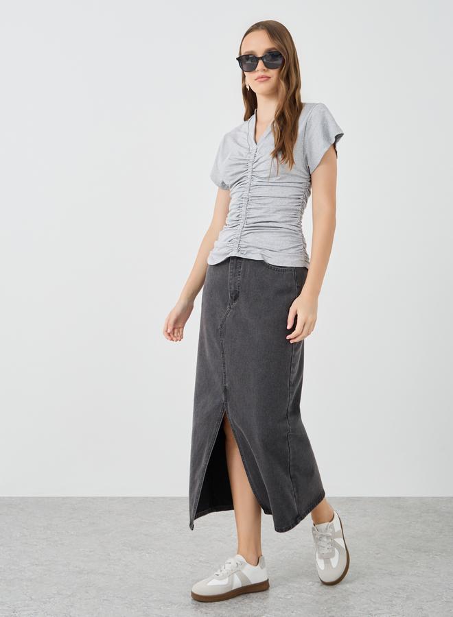 Take Two Solid V-Neck Ruched Detail Short Sleeve T-Shirt - Image 2