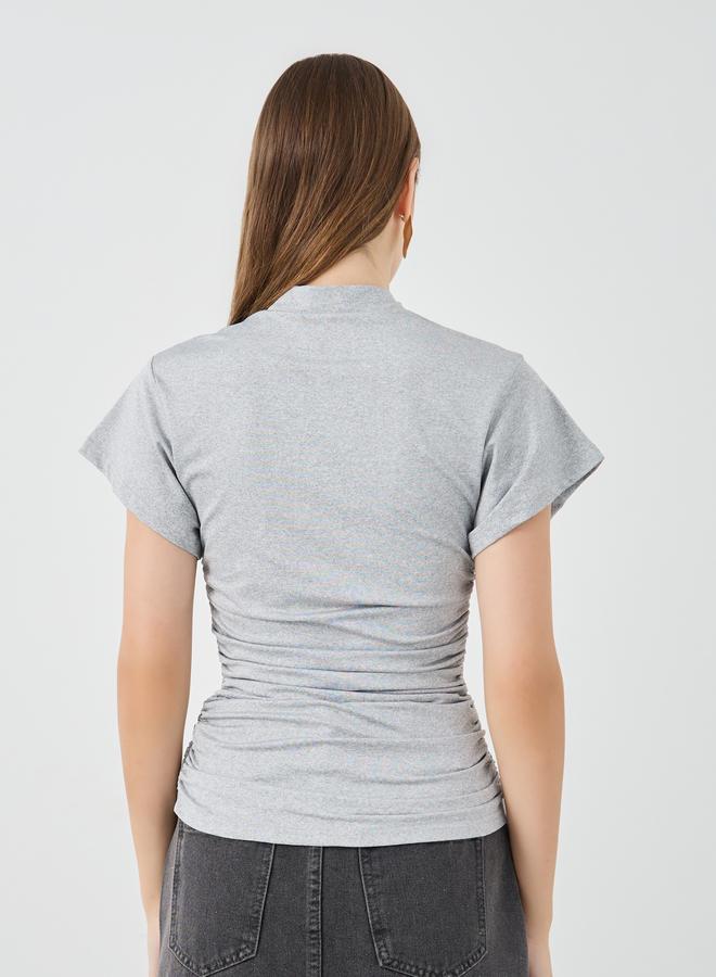Take Two Solid V-Neck Ruched Detail Short Sleeve T-Shirt - Image 4