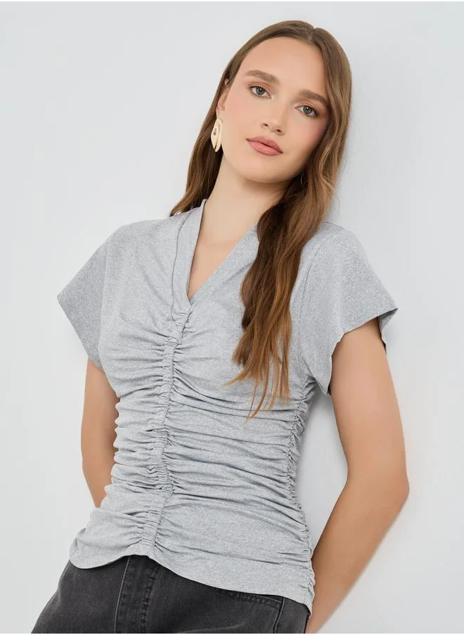 تايك تو Take Two Solid V-Neck Ruched Detail Short Sleeve T-Shirt