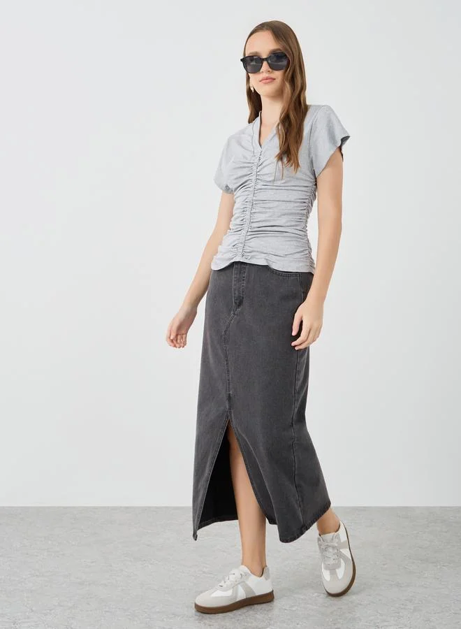 Take Two Solid V-Neck Ruched Detail Short Sleeve T-Shirt