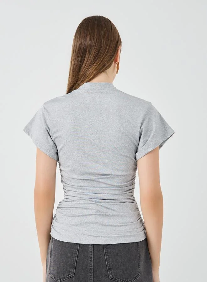 Take Two Solid V-Neck Ruched Detail Short Sleeve T-Shirt