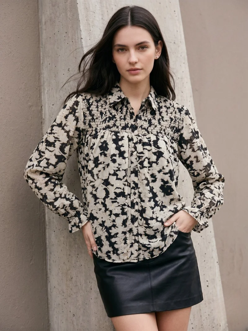 Outzidr  Black Lurex Shirt With Smocking Detail for Women | Best Price UAE