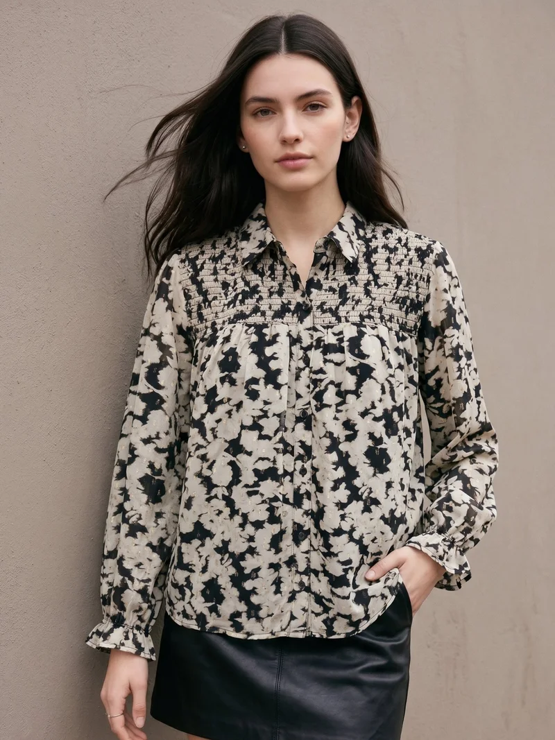 OUTZIDR Black Lurex Shirt With Smocking Detail