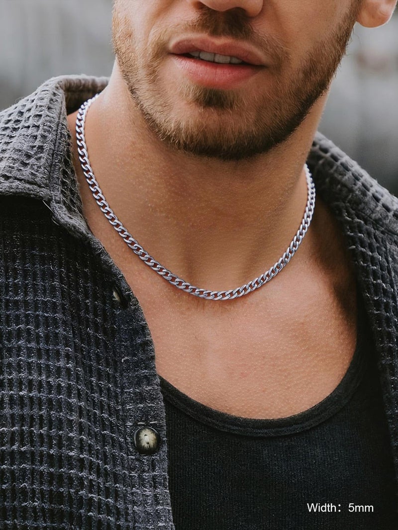 ChainsPro 5mm Men Chain Silver Tone Stainless Steel Curb Cuban Link Necklace Gift - Image 2
