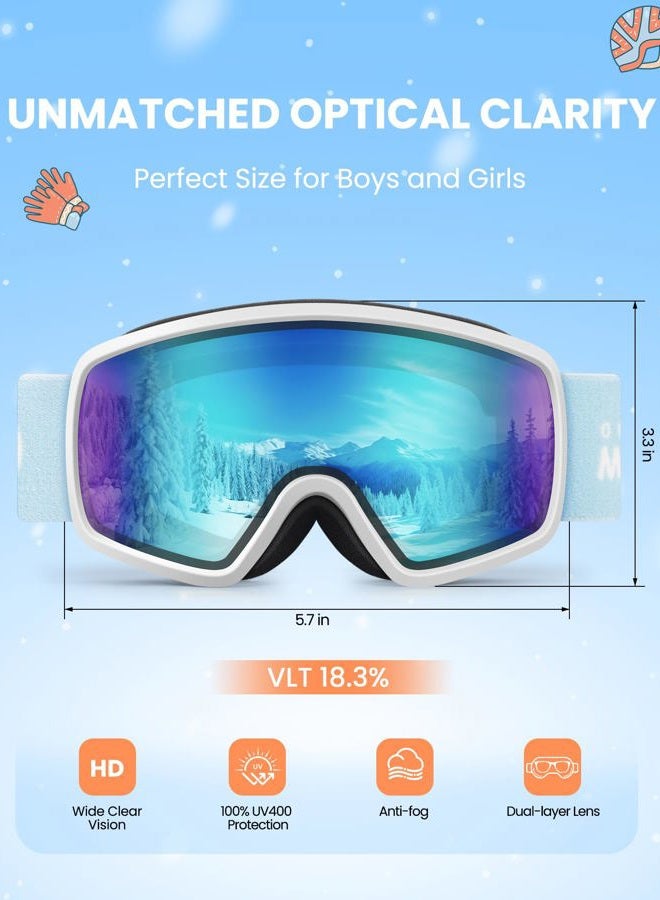 OutdoorMaster Children's OTG Ski Snowboard Goggles Snow Goggles with 100% UV Protection Children's Snow Goggles for Boys Girls Toddlers (White Frame Vlt 18.3% + Revo Ice Blue Lens) - Image 3