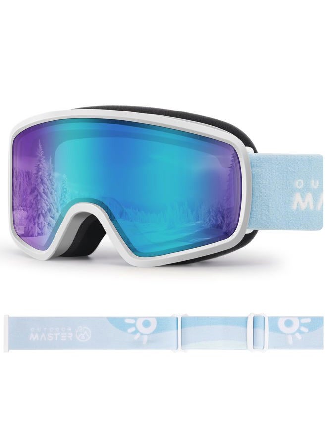 OutdoorMaster Children's OTG Ski Snowboard Goggles Snow Goggles with 100% UV Protection Children's Snow Goggles for Boys Girls Toddlers (White Frame Vlt 18.3% + Revo Ice Blue Lens) - Image 1