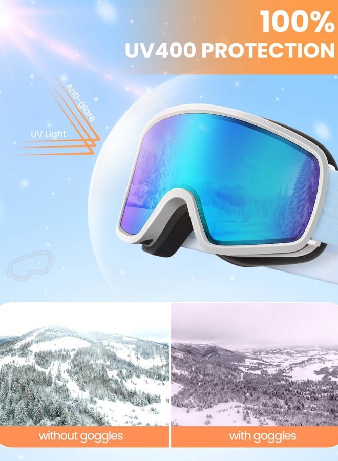 OutdoorMaster Children's OTG Ski Snowboard Goggles Snow Goggles with 100% UV Protection Children's Snow Goggles for Boys Girls Toddlers (White Frame Vlt 18.3% + Revo Ice Blue Lens) - Image 2