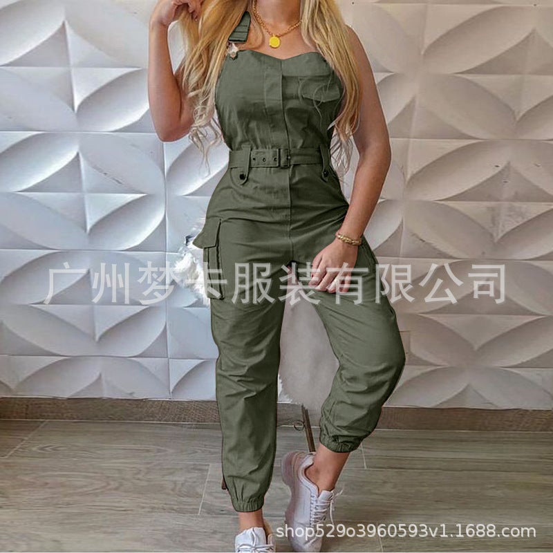 Stylish Womens Denim Jumpsuit with Belt Pink - Image 5