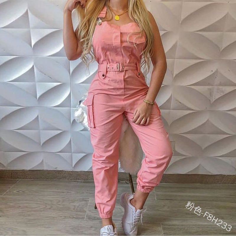 Stylish Womens Denim Jumpsuit with Belt Pink - Image 1