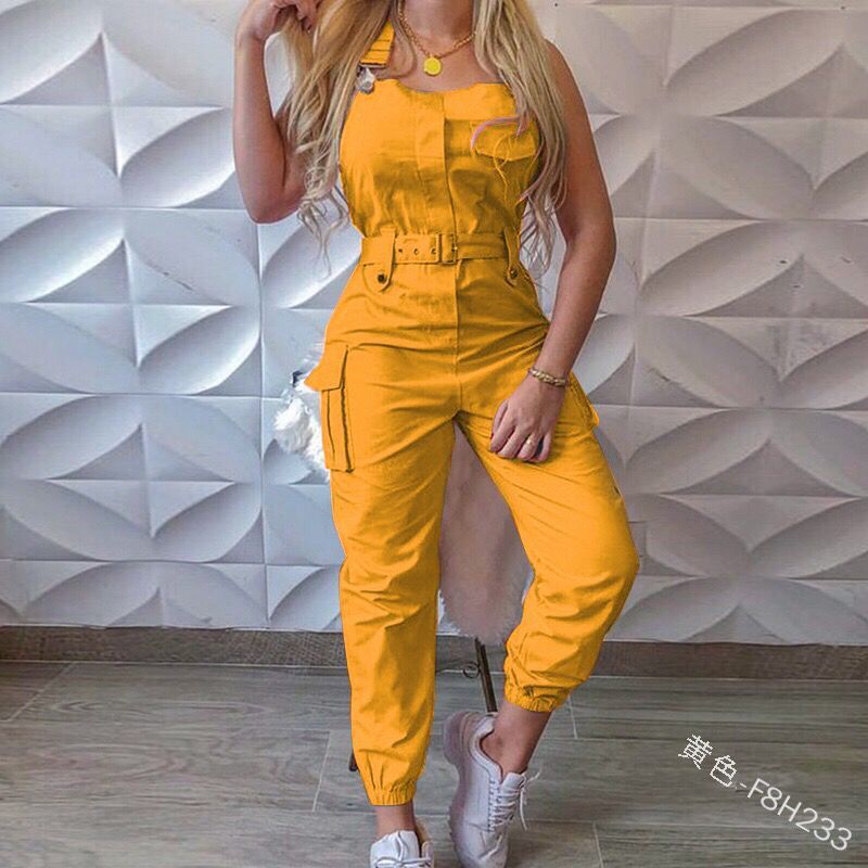 Stylish Womens Denim Jumpsuit with Belt Pink - Image 4