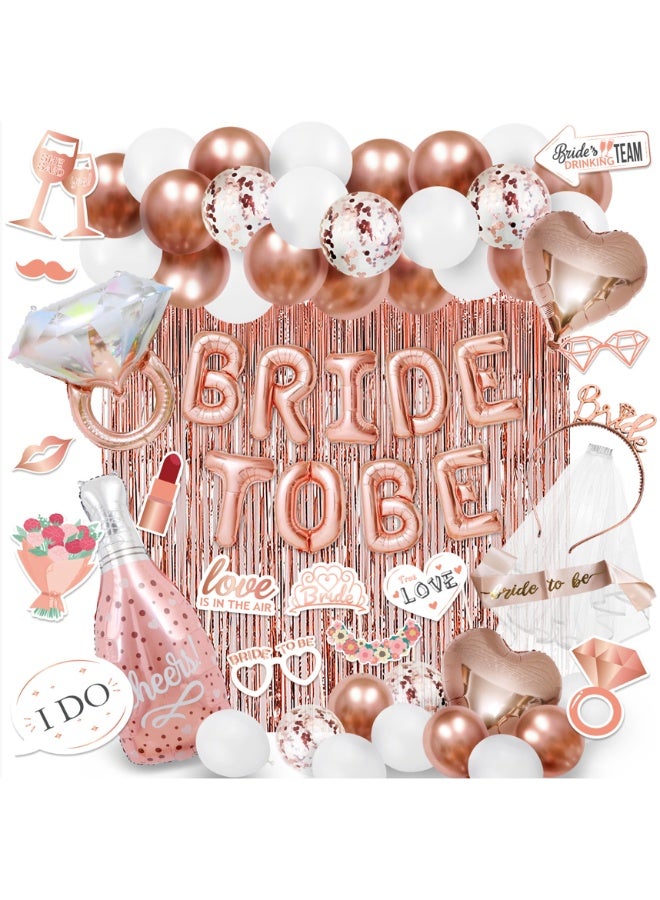 مجموعة ديكورات حفلة الخطوبة الفاخرة 67 قطعة للعروس - بالونات، وشاح، إطارات الصور (باللون الوردي الذهبي) - Image 1