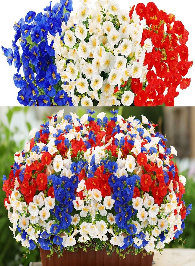 Dingion 12 Pcs Red White Blue Artificial Flower Outdoor UV Resistant Petunias Patriotic Silk Flower 4th of July Decor USA Independence Short Stem Faux Cemetery Flowers Pot Window Garden 250 Anniversary Decor - Image 1