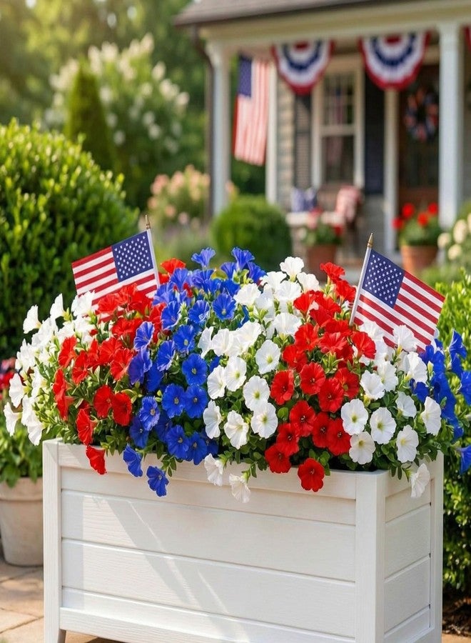 Dingion 12 Pcs Red White Blue Artificial Flower Outdoor UV Resistant Petunias Patriotic Silk Flower 4th of July Decor USA Independence Short Stem Faux Cemetery Flowers Pot Window Garden 250 Anniversary Decor - Image 2