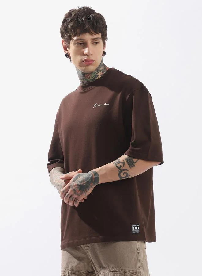 هوبرهولمي Men's Brown 100% Cotton Solid Pattern Oversized T-Shirt