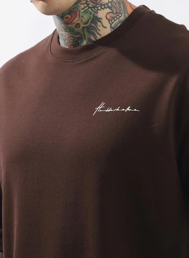 هوبرهولمي Men's Brown 100% Cotton Solid Pattern Oversized T-Shirt