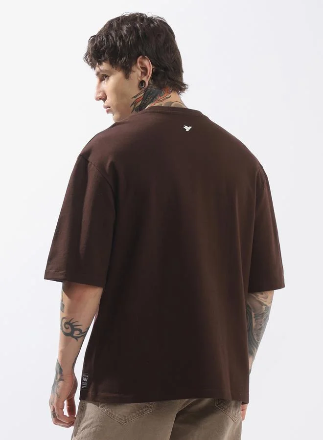هوبرهولمي Men's Brown 100% Cotton Solid Pattern Oversized T-Shirt