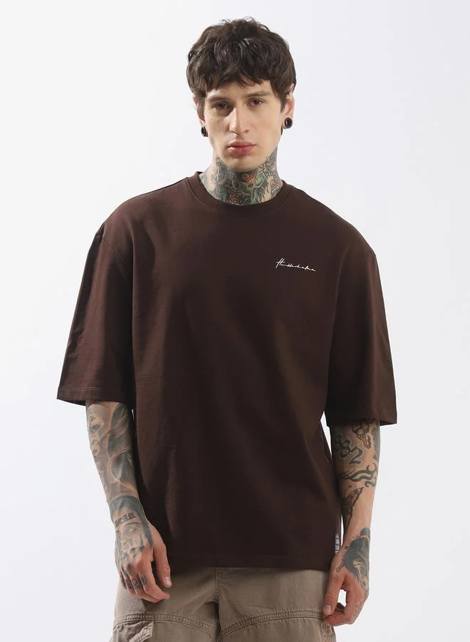 هوبرهولمي Men's Brown 100% Cotton Solid Pattern Oversized T-Shirt