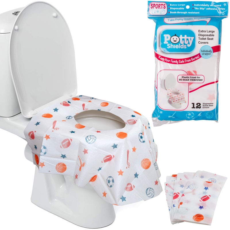 Potty Shields Toilet Seat Covers Disposable (12 Pack, Sports) - XL Waterproof Toilet Cover for Toddlers, Kids & Adults - Portable & Individually Wrapped for Travel, Potty Training & Public Restrooms - Image 1