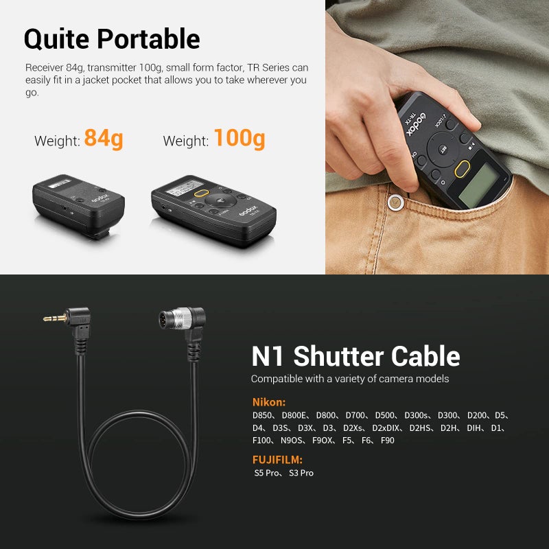 Godox TR-N1 TR-N3 Remote Shutter Release for Nikon, Wireless Shutter Release Intervalometer Compatible for Nikon Z9 Z7 Z6 Z5 D850 D800 D750 D610 F90 D7200 D7100 D5600 D3300 D90 - Image 4