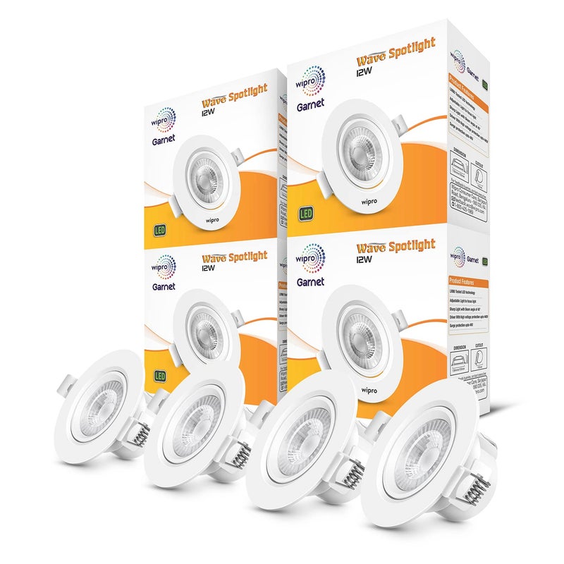wipro Garnet 12W Round Led Wave SpotlightCob Spotlight for CeilingCool White Light 6500KAdjustable DesignRecessed Tiltable Downlighter for False CeilingCutout 125MmPack of 4 - Image 1