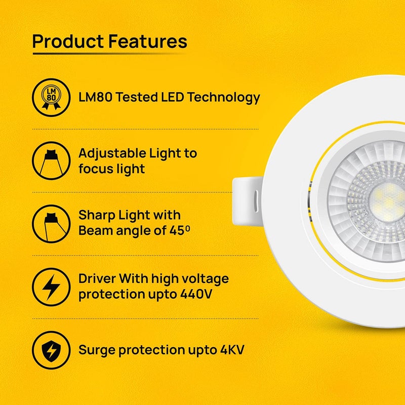 wipro Garnet 12W Round Led Wave SpotlightCob Spotlight for CeilingCool White Light 6500KAdjustable DesignRecessed Tiltable Downlighter for False CeilingCutout 125MmPack of 4 - Image 4