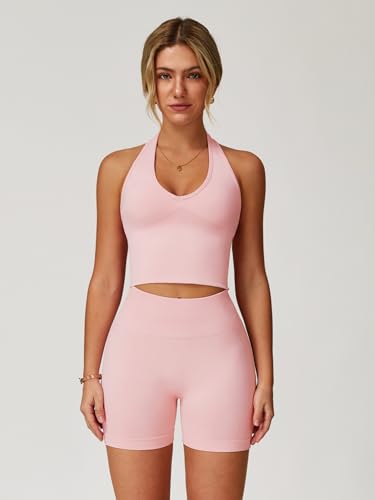 ABOCIW Workout Sets for Women 2 Piece Seamless Halter Cropped Tank Longline Sports Bra Scrunch Butt High Waist Shorts Gym Sets Yoga Pilates Outfits Athletic Work Out Clothes Peach Pink Small - Image 3