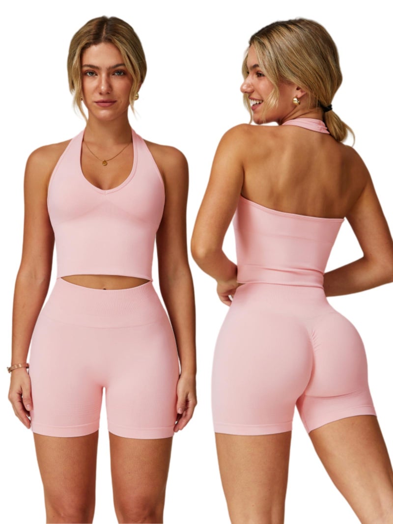 ABOCIW Workout Sets for Women 2 Piece Seamless Halter Cropped Tank Longline Sports Bra Scrunch Butt High Waist Shorts Gym Sets Yoga Pilates Outfits Athletic Work Out Clothes Peach Pink Small - Image 2