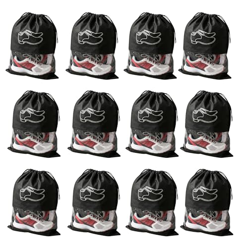 Gowloz Shoe Bags 12x16 Inch (Pack of 12) – Non-Woven Travel Pouches with Drawstring & Transparent Window, Dustproof Footwear Organizer (Black) - Image 1