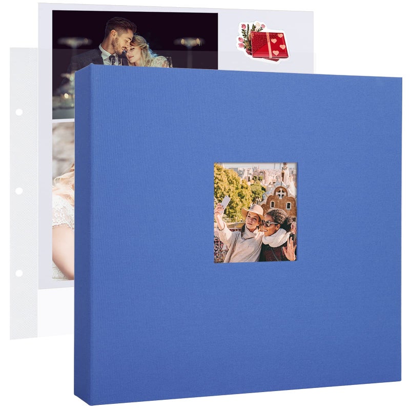 1DOT2 12x12 Inch Large 3 Ring DIY Scrapbook Photo Album Journal with 30 Plastic Sleeves 60 Pages and Fabric Cover for Baby Travel Wedding Couple Anniversary kids Adventure (Blue Cover/White Pages) - Image 1