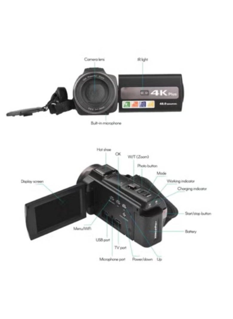 AROAQ WiFi Digital Video Camcorder With 4K 60FPS 48MP HD Recording 16X Zoom 3 Inch Touchscreen Batteries And Remote Control  - Image 2