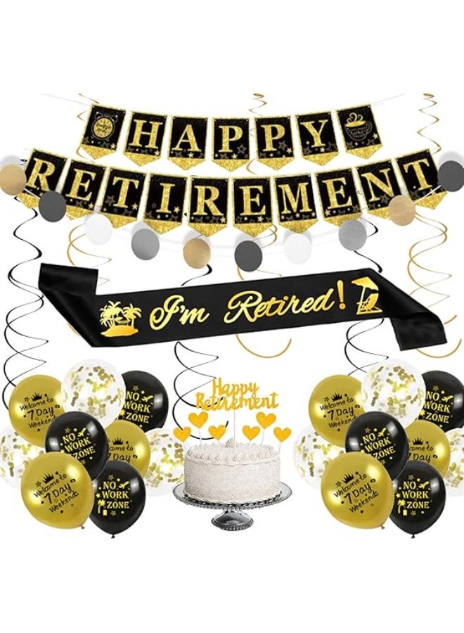 Retirement Party Decorationsrty Decorations 23 PCS Set, Black Gold Hanging Swirls, Dot Garland, Cake Topper, Latex Balloons, Banner & Sash for Men and Women’s Office Memorable Farewell 