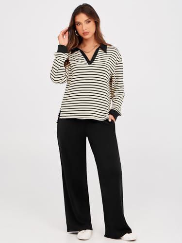 Glamaker Womens Sets 2 Piece Outfits Striped Sweat Sets Casual Pants Sets Matching Lounge Sets Travel Clothes (Striped Black M) - Image 2