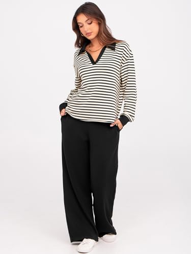 Glamaker Womens Sets 2 Piece Outfits Striped Sweat Sets Casual Pants Sets Matching Lounge Sets Travel Clothes (Striped Black M) - Image 3