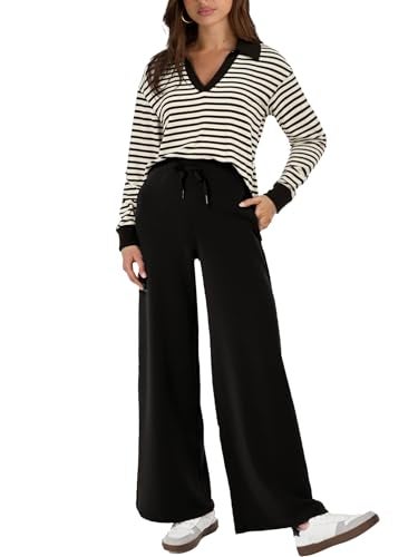 Glamaker Womens Sets 2 Piece Outfits Striped Sweat Sets Casual Pants Sets Matching Lounge Sets Travel Clothes (Striped Black M) - Image 1