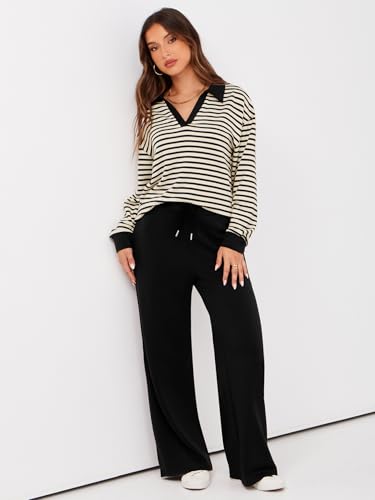 Glamaker Womens Sets 2 Piece Outfits Striped Sweat Sets Casual Pants Sets Matching Lounge Sets Travel Clothes (Striped Black M) - Image 5