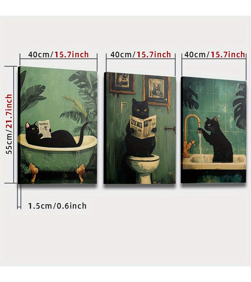 3pcs 11.8x17.7inch Framed Cat Bathroom Wall Art Modern Vintage Boho Home Decor Canvas Poster - Image 5