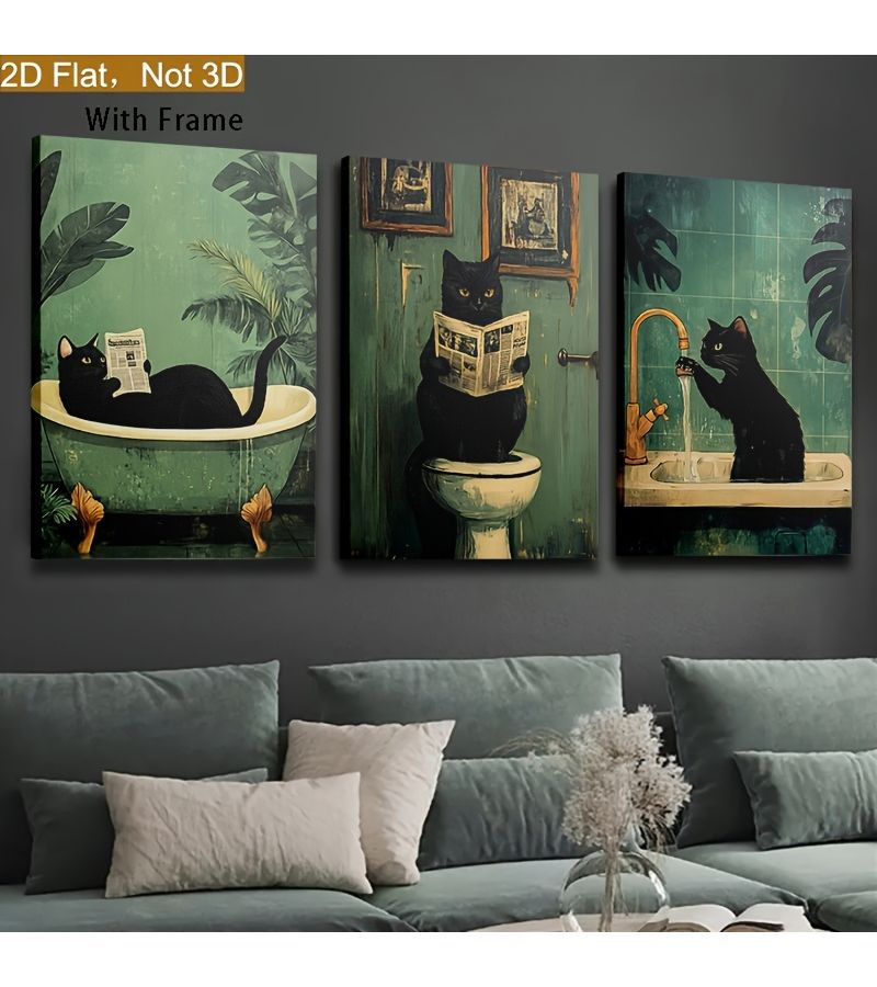 3pcs 11.8x17.7inch Framed Cat Bathroom Wall Art Modern Vintage Boho Home Decor Canvas Poster - Image 1