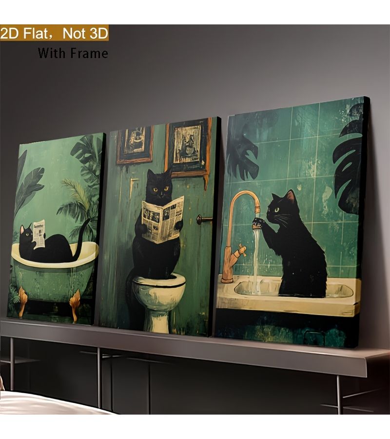 3pcs 11.8x17.7inch Framed Cat Bathroom Wall Art Modern Vintage Boho Home Decor Canvas Poster - Image 4