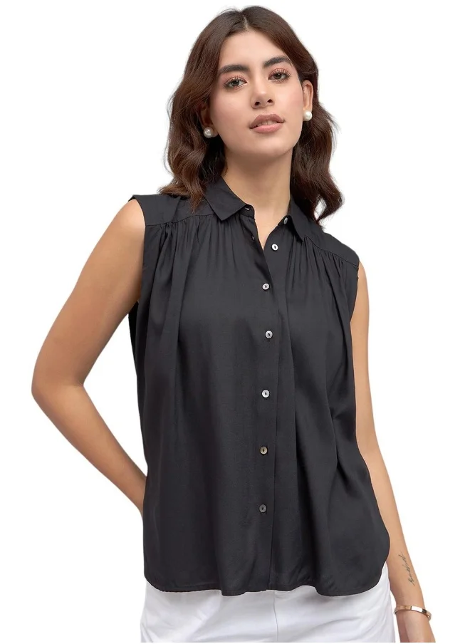 دينيس لينغو Black Regular Fit Sleeveless Shirt for Women - Modal, Solid, Casual