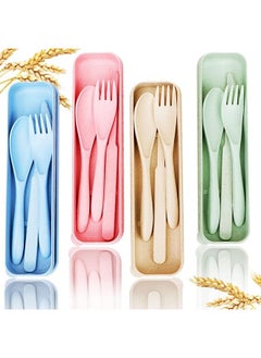 Reusable Travel Utensils Set with Case, 4 Sets Wheat Straw Portable Knife Fork Spoons Tableware, Eco-Friendly Bpa Free Cutlery for Kids Adults Travel Picnic Camping Utensils(Green, Beige, Pink, Blue)