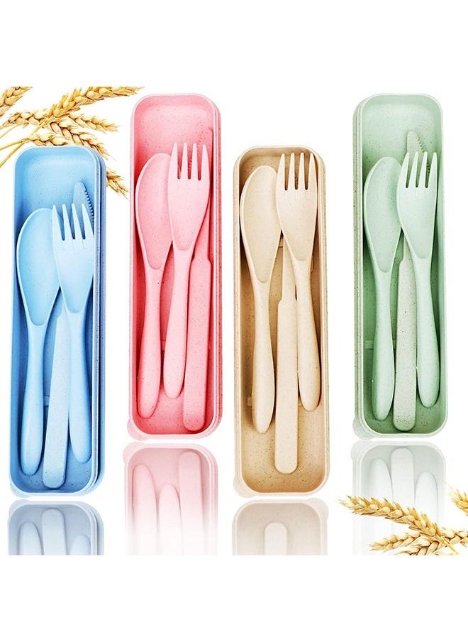 Arabest - Reusable Travel Utensils Set with Case, 4 Sets Wheat Straw Portable Knife Fork Spoons Tableware, Eco-Friendly Bpa Free Cutlery for Kids Adults Travel Picnic Camping Utensils(Green, Beige, Pink, Blue) - Image 1