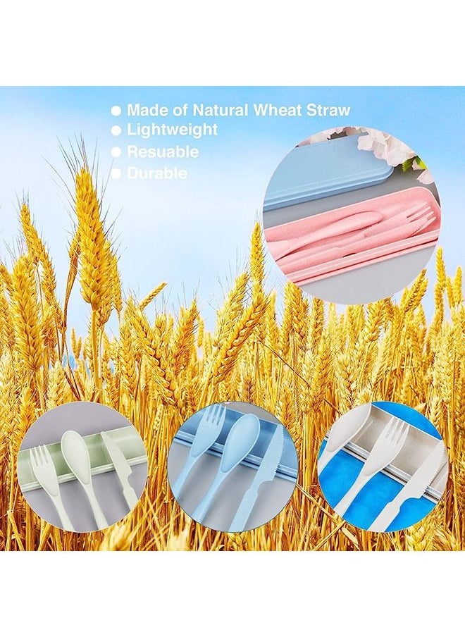 Arabest - Reusable Travel Utensils Set with Case, 4 Sets Wheat Straw Portable Knife Fork Spoons Tableware, Eco-Friendly Bpa Free Cutlery for Kids Adults Travel Picnic Camping Utensils(Green, Beige, Pink, Blue) - Image 1
