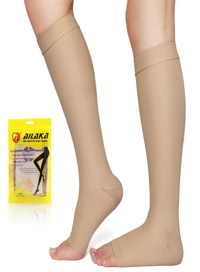 Ailaka 20-30 mmHg Open Toe Compression Socks for Women Men, Medical Grade Graduated Compression Knee High Socks, Wide Calf Toeless Support for Circulation, Plantar Fasciitis, Travel, Flying, Post Surgery Recovery(BG,XXL) - Image 1