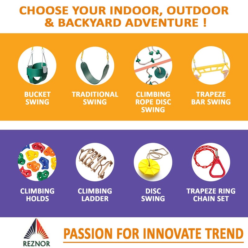 REZNOR مجموعة مقعد التأرجح المرن من REZNOR للأطفال والبالغين في الهواء الطلق حديقة شجرة فناء مع سلسلة مطلية بالبلاستيك بطول 60 وزن دعم يصل إلى 150 كجم أخضر أصفر - Image 4