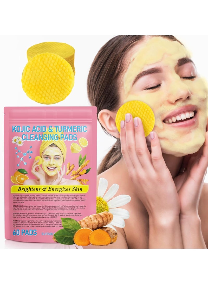DubaiGallery Turmeric Kojic Acid Cleansing Pads, 60pcs Turmeric Exfoliating Pads, Turmeric Kojic Acid Lemon Chamomile Pads, Facial Sponges for Cleansing, Turmeric Cleansing Sponges for All Skin Types - Image 1