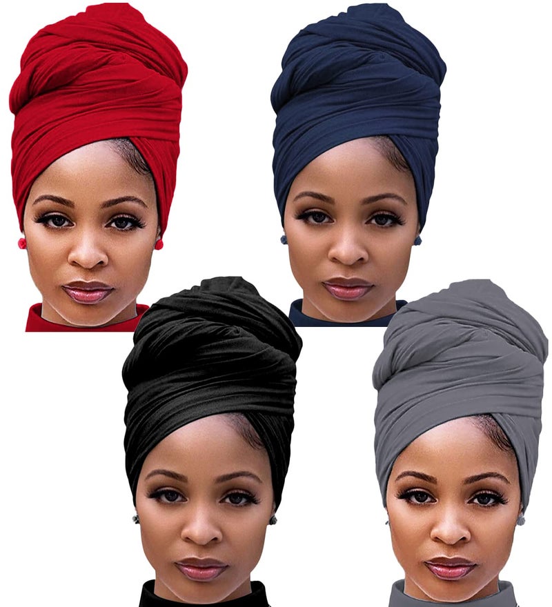 Harewom 4PCS Turban Head Wraps for Black Women African Hair Wraps Stretchy Headwraps Head Scarf for Women with Natural Hair, Black&dark Grey&navy Blue&wine Red, One size - Image 1