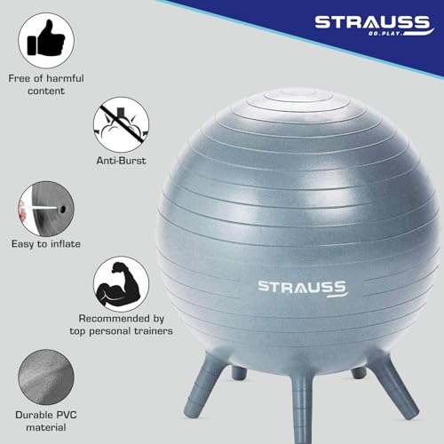 STRAUSS كرة جيم مطاطية مضادة للانفجار من ستراوس مع أرجل مستقرة ومضخة هواء مجانية | كرة سويسرية دائرية للتمارين، واليوغا، والحمل، والولادة، والتوازن والثبات، 55 سم، (رمادي) - Image 2