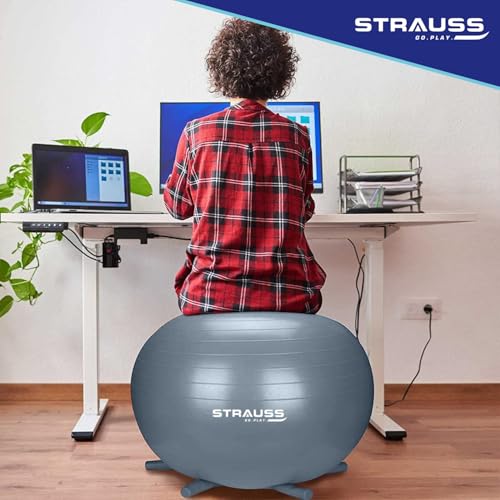 STRAUSS كرة جيم مطاطية مضادة للانفجار من ستراوس مع أرجل مستقرة ومضخة هواء مجانية | كرة سويسرية دائرية للتمارين، واليوغا، والحمل، والولادة، والتوازن والثبات، 55 سم، (رمادي) - Image 5